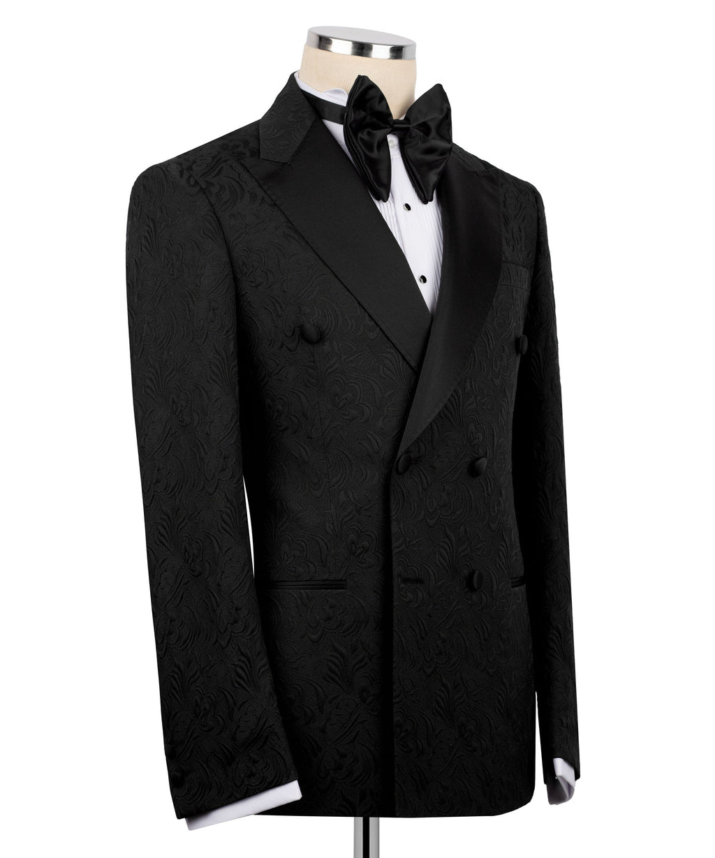 Black tuxedo jacket front view with double-breasted buttons and bow-tie style collar