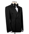 Black tuxedo jacket front view with double-breasted buttons and bow-tie style collar
