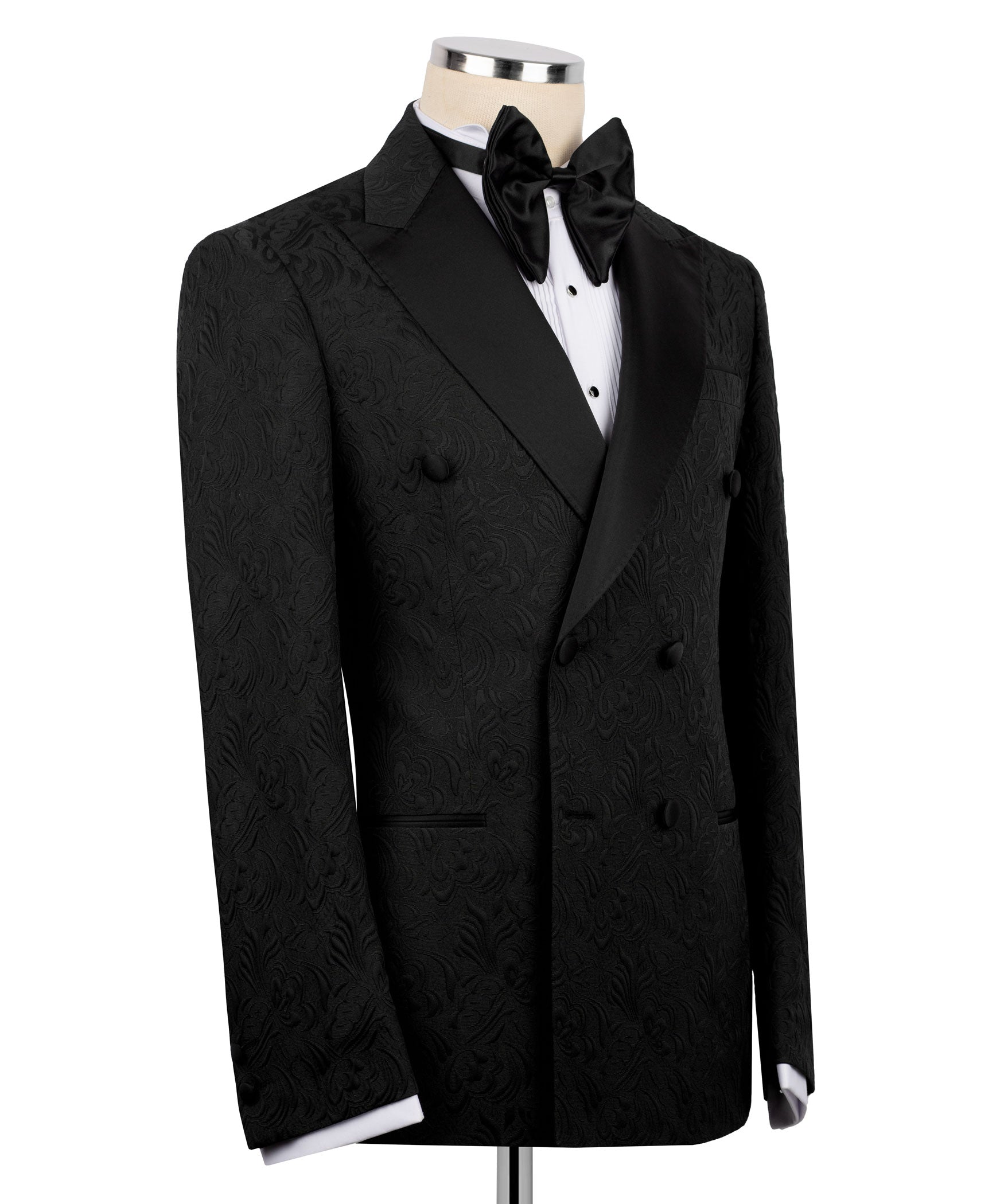 Black double-breasted tuxedo jacket, bouton-style buttons and notch lapel