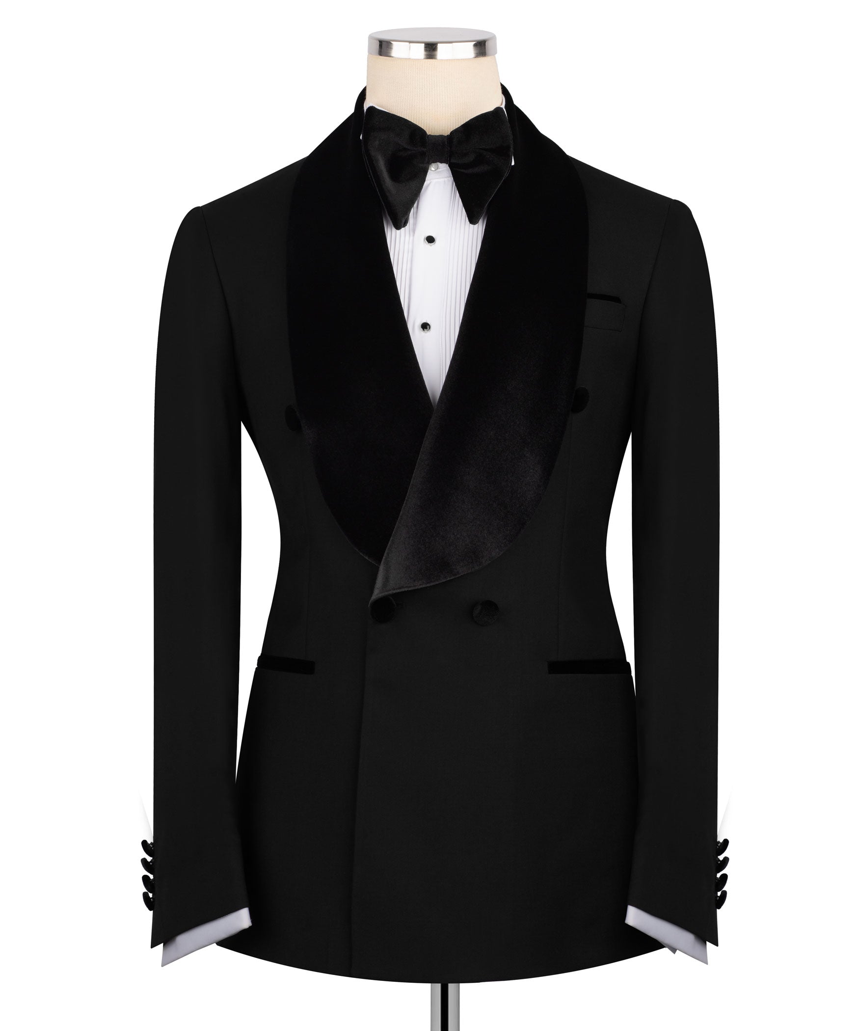Black velvet-collar tuxedo jacket with bow tie and matching waistcoat