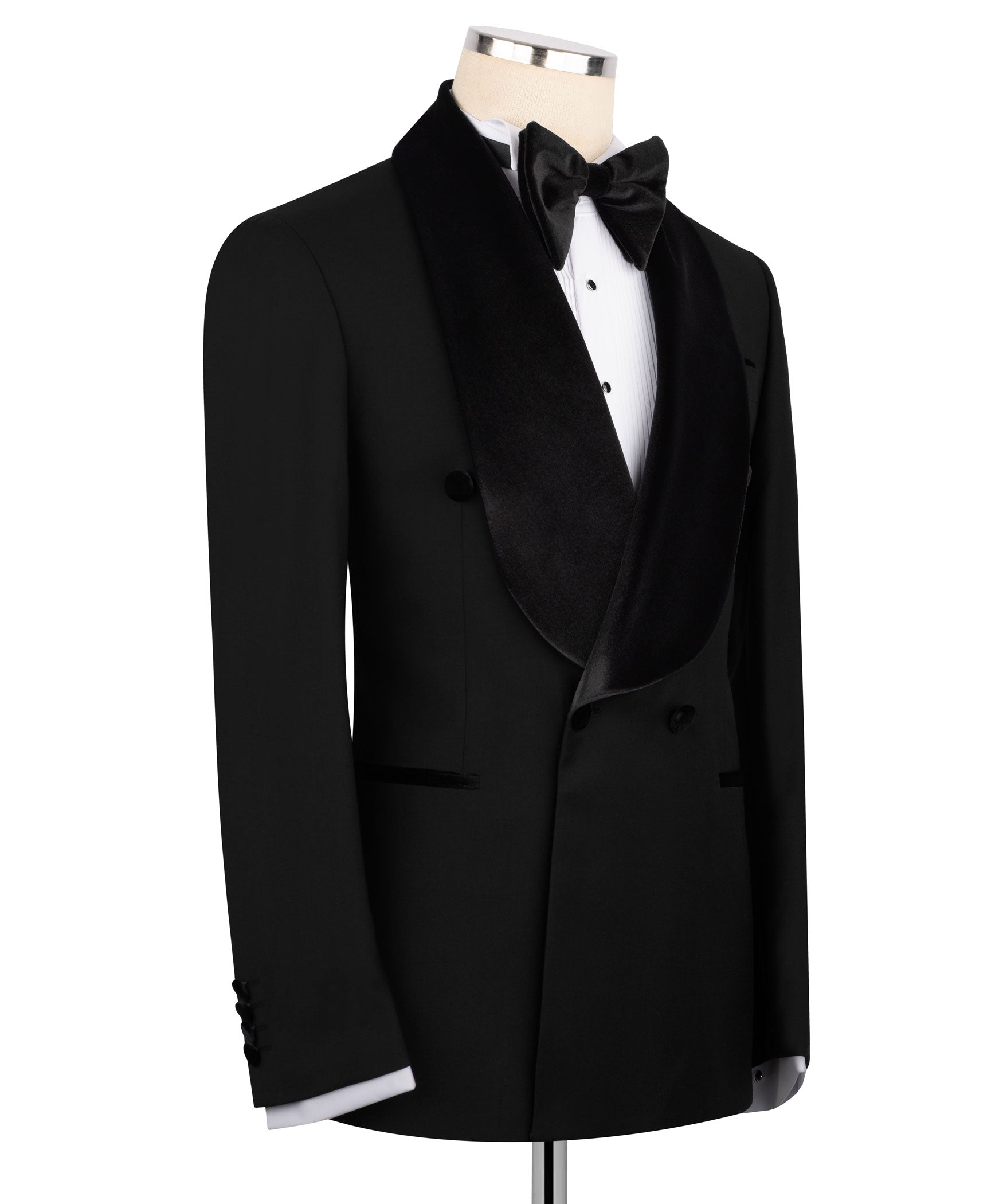 Black tuxedo jacket front view with velvet shawl lapel and bow tie