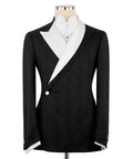 Black double-breasted tuxedo jacket with satin lapel, white shirt and bow tie
