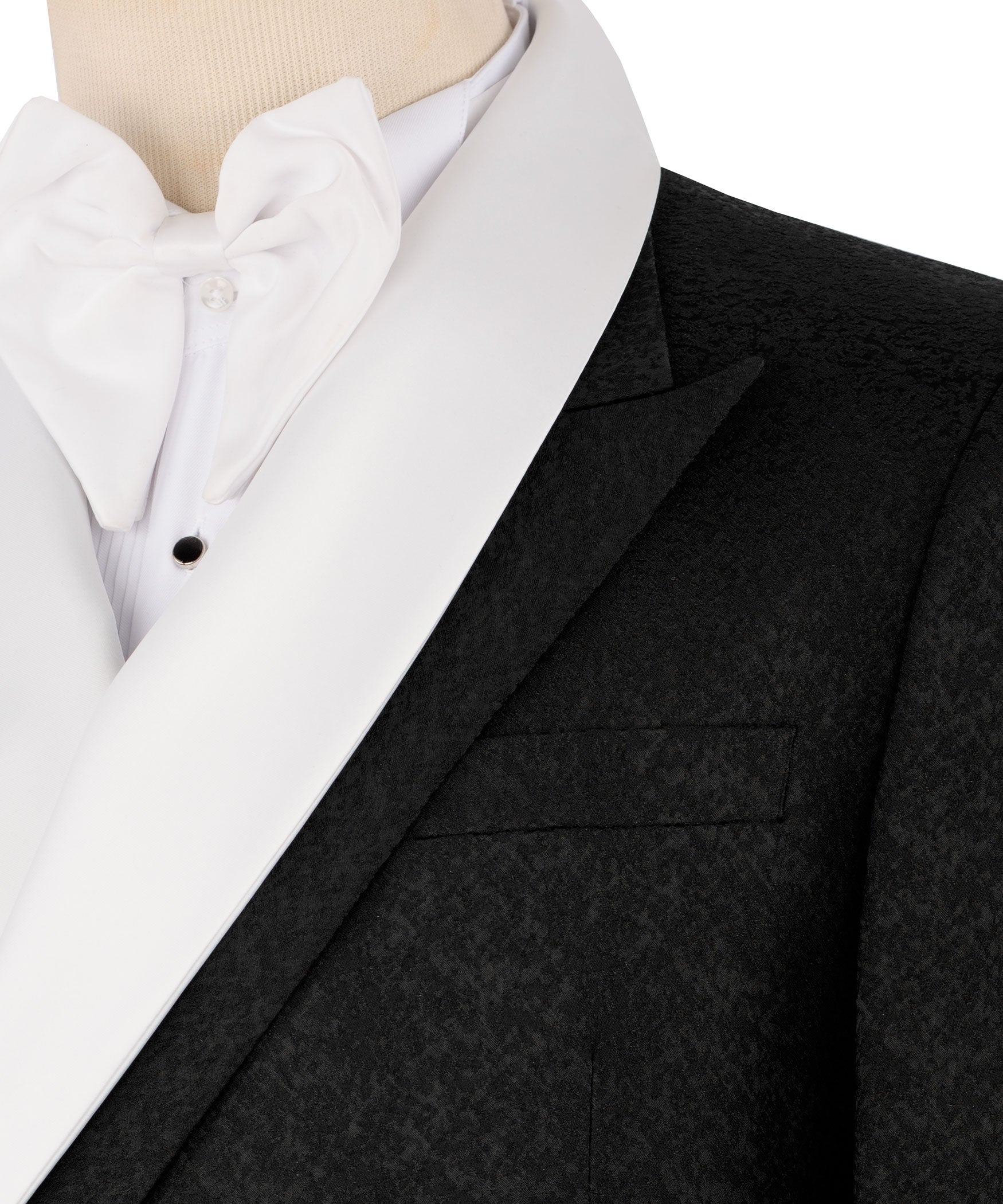 Close-up: black tuxedo jacket satin-trim lapel, white bow tie and dress shirt