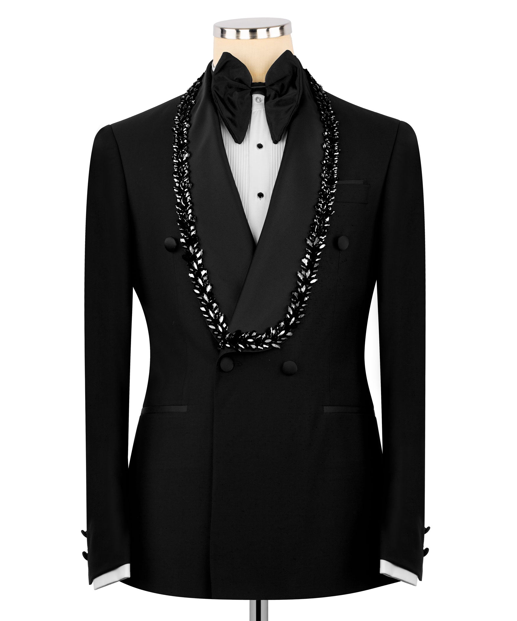 Black tuxedo jacket with stone-embroidered trim and satin bow tie