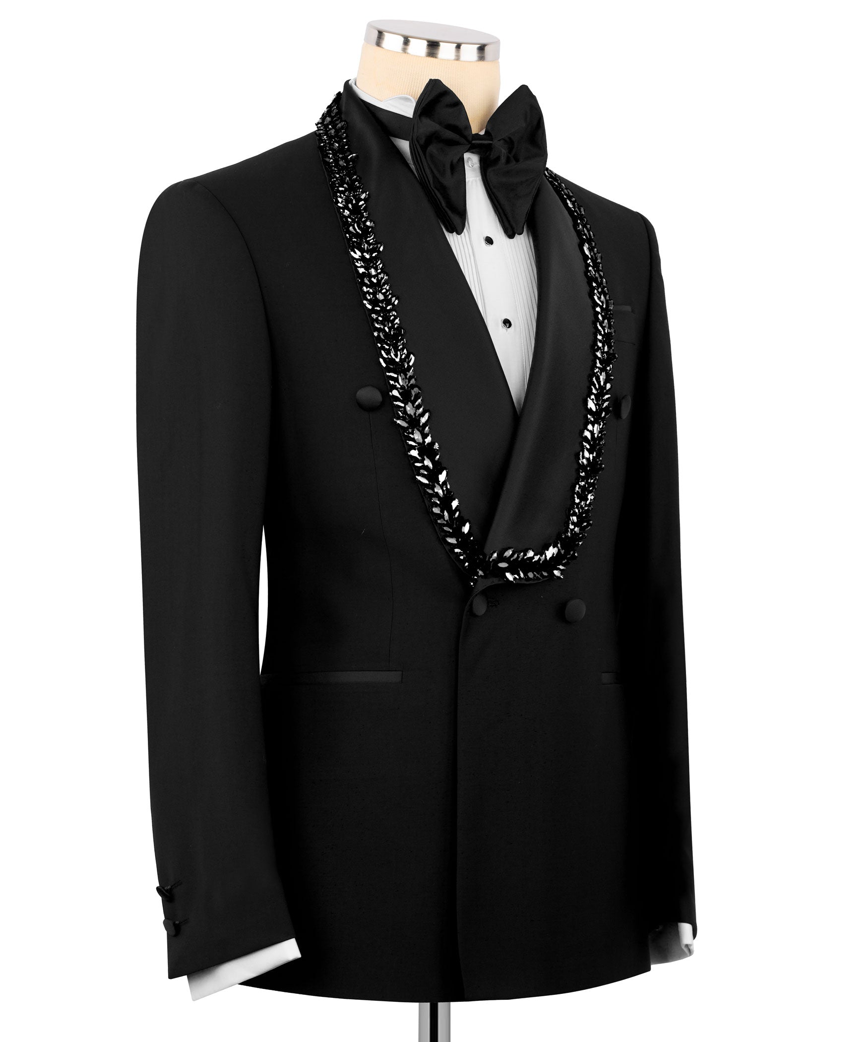 Black tuxedo set with stone-embroidered braid trim vest and satin bow tie