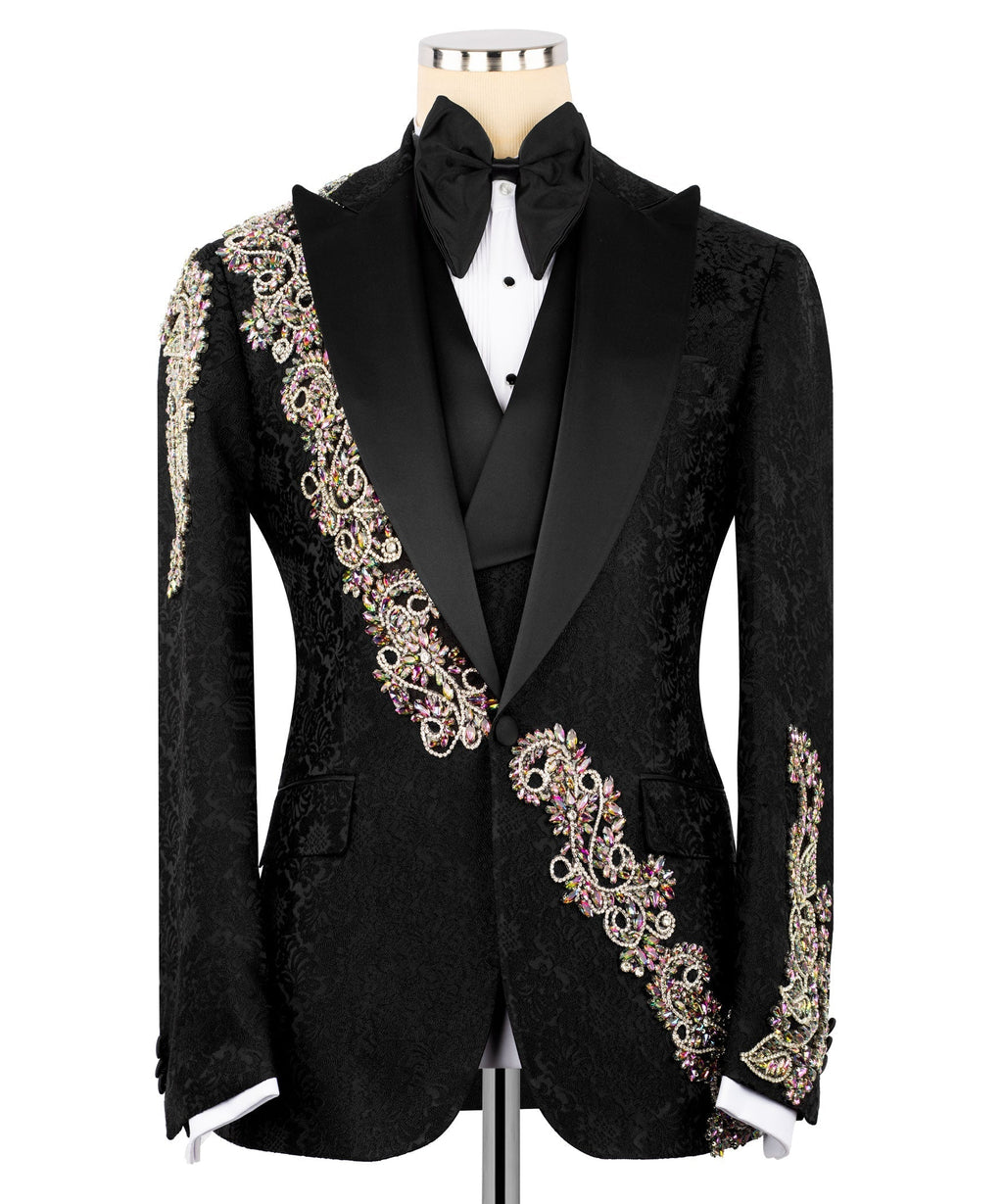 Black tuxedo jacket with jeweled gold/pink embroidery on front panels and sleeve cuffs