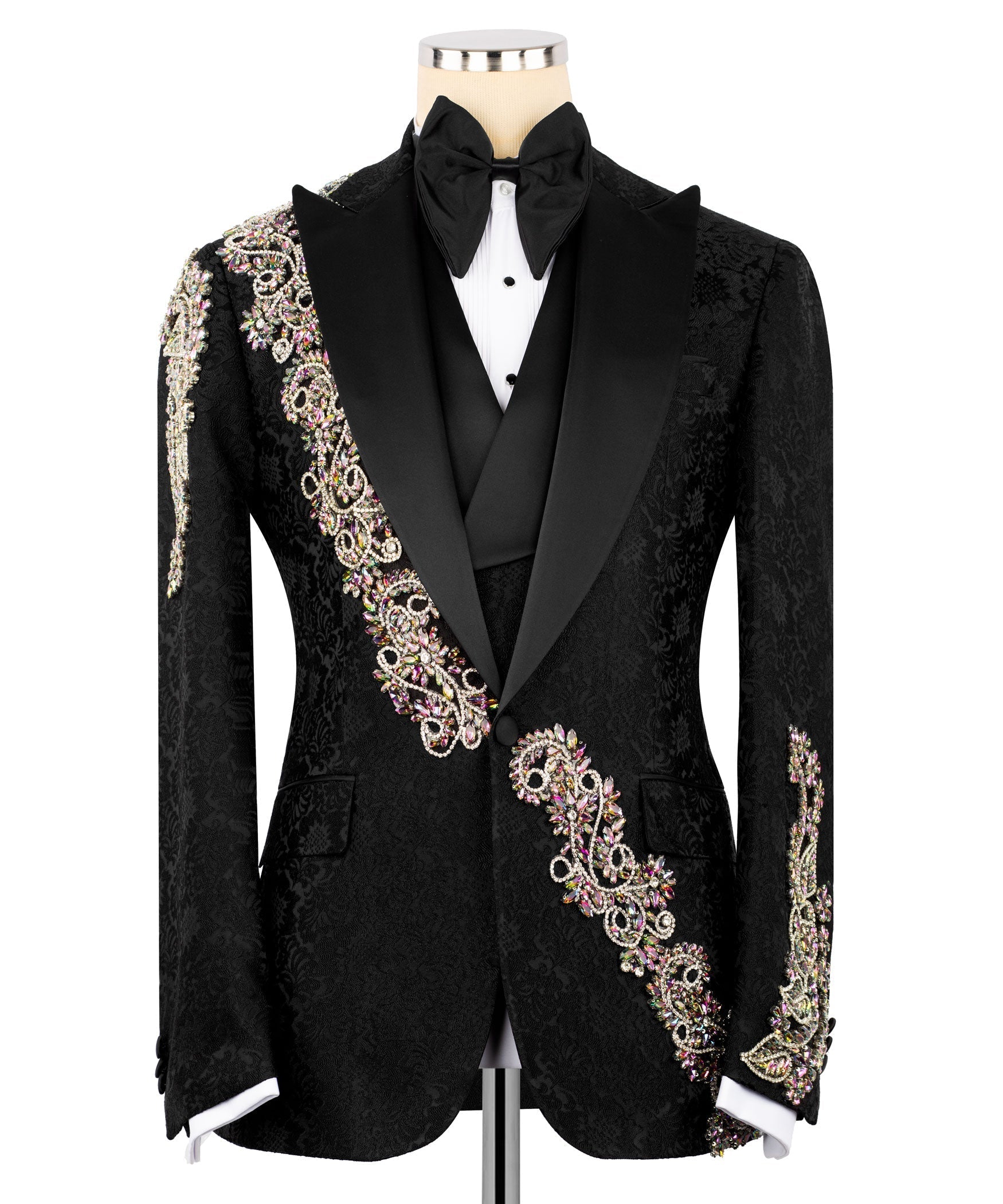 Black tuxedo jacket with jeweled gold/pink embroidery on front panels and sleeve cuffs