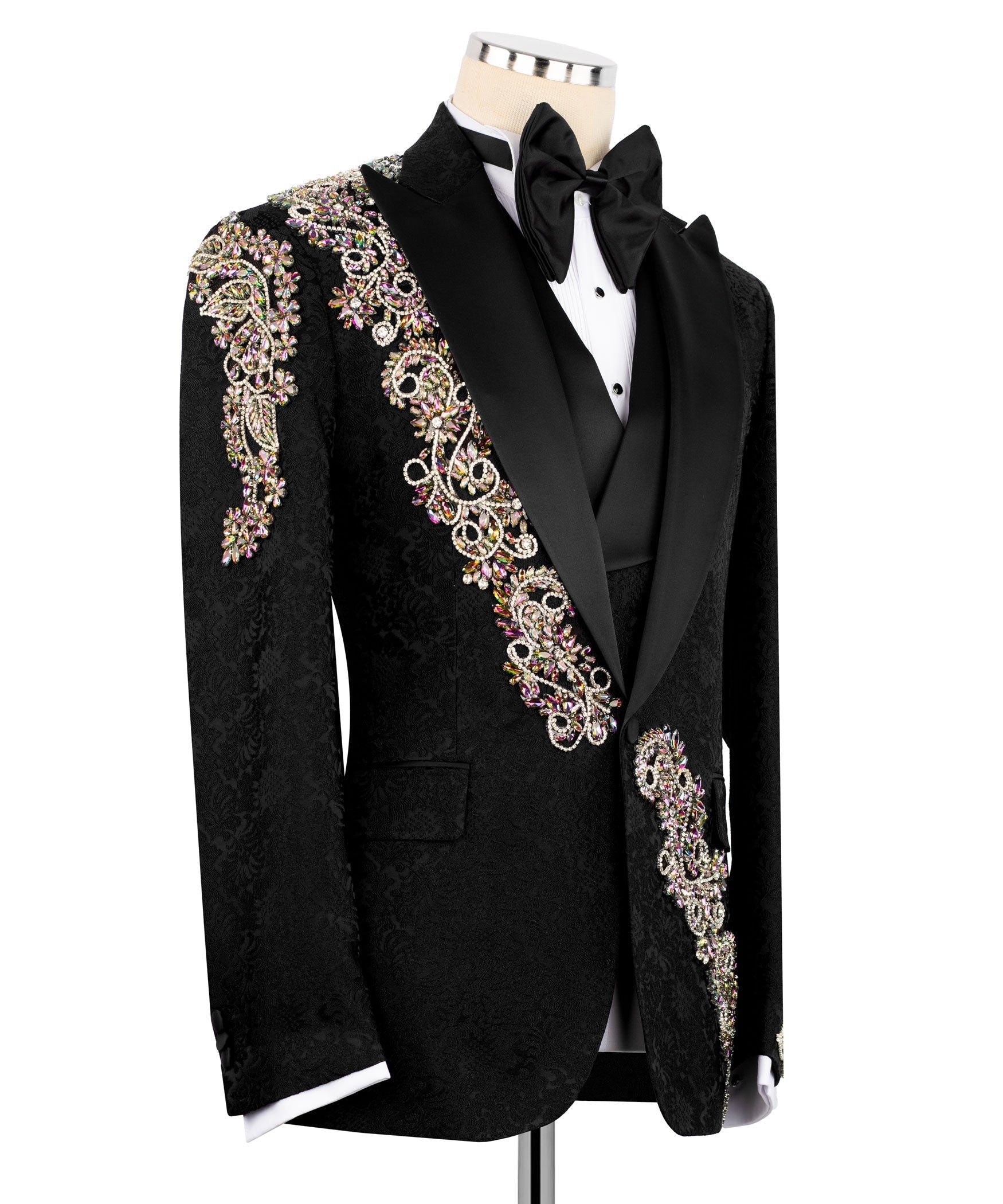 Black tuxedo jacket with embellished sleeve stripe and black bow tie