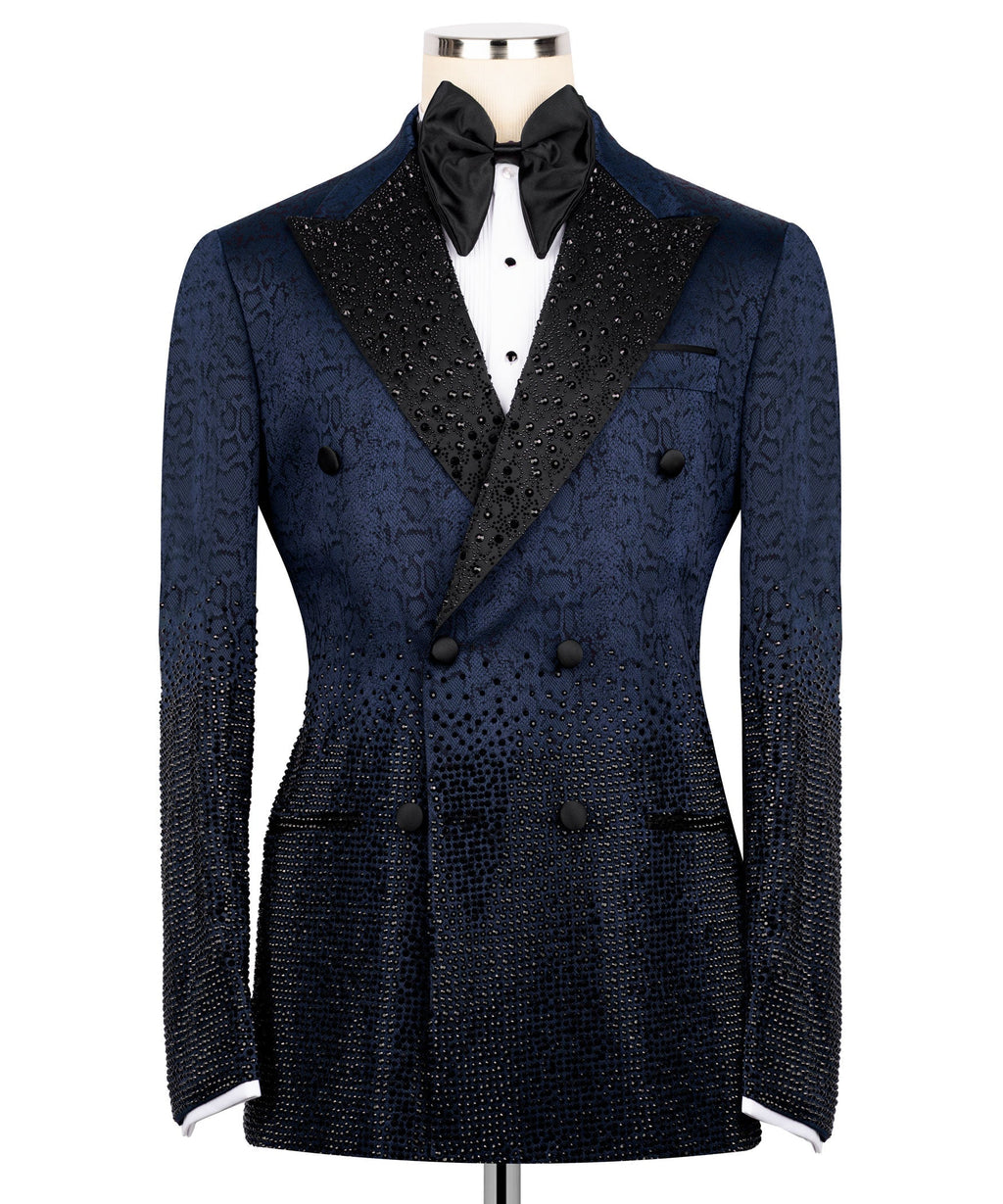 Blue tuxedo jacket with black gemstone-embellished lapels and bow tie