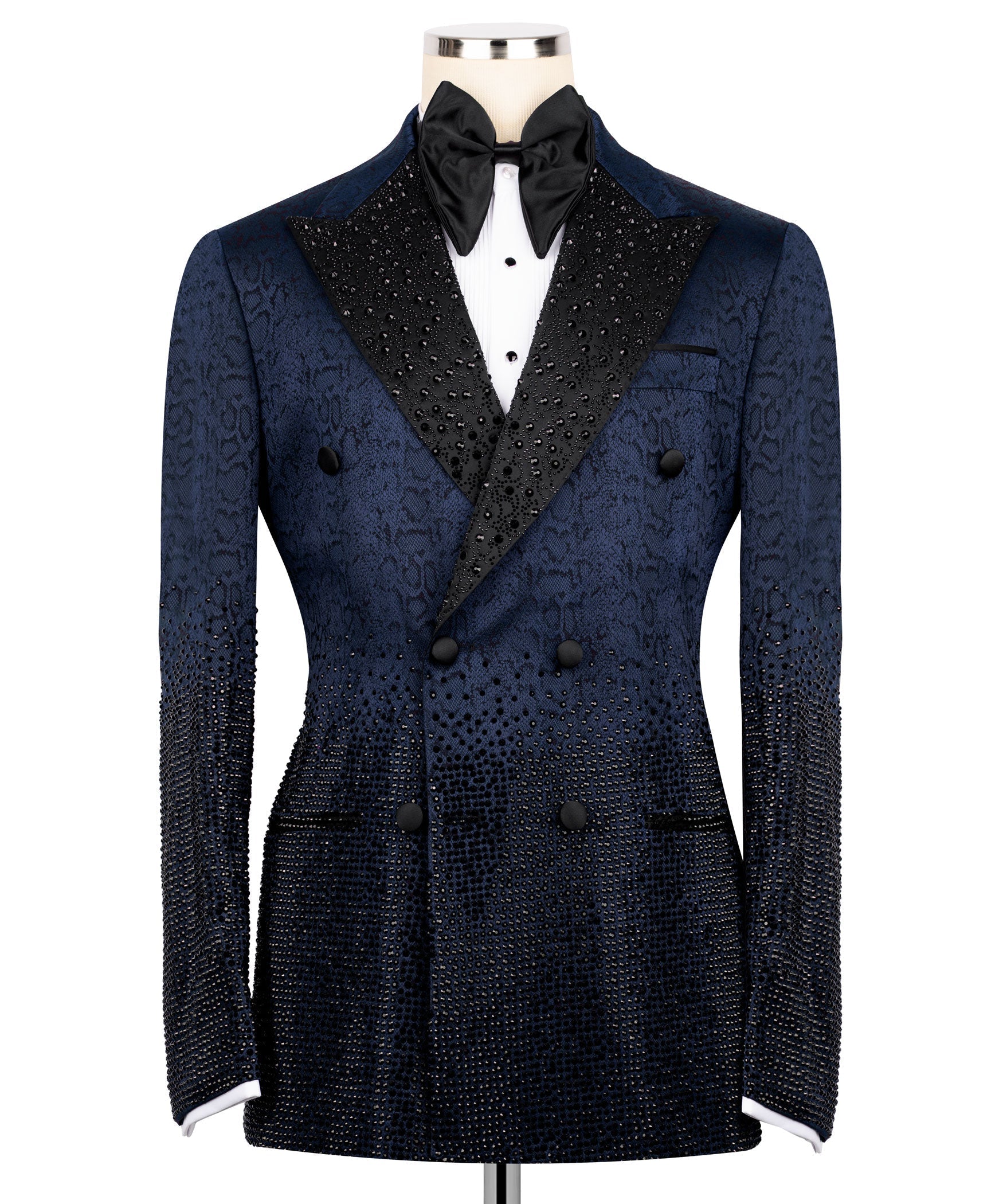 Blue tuxedo jacket with black gemstone-embellished lapels and bow tie