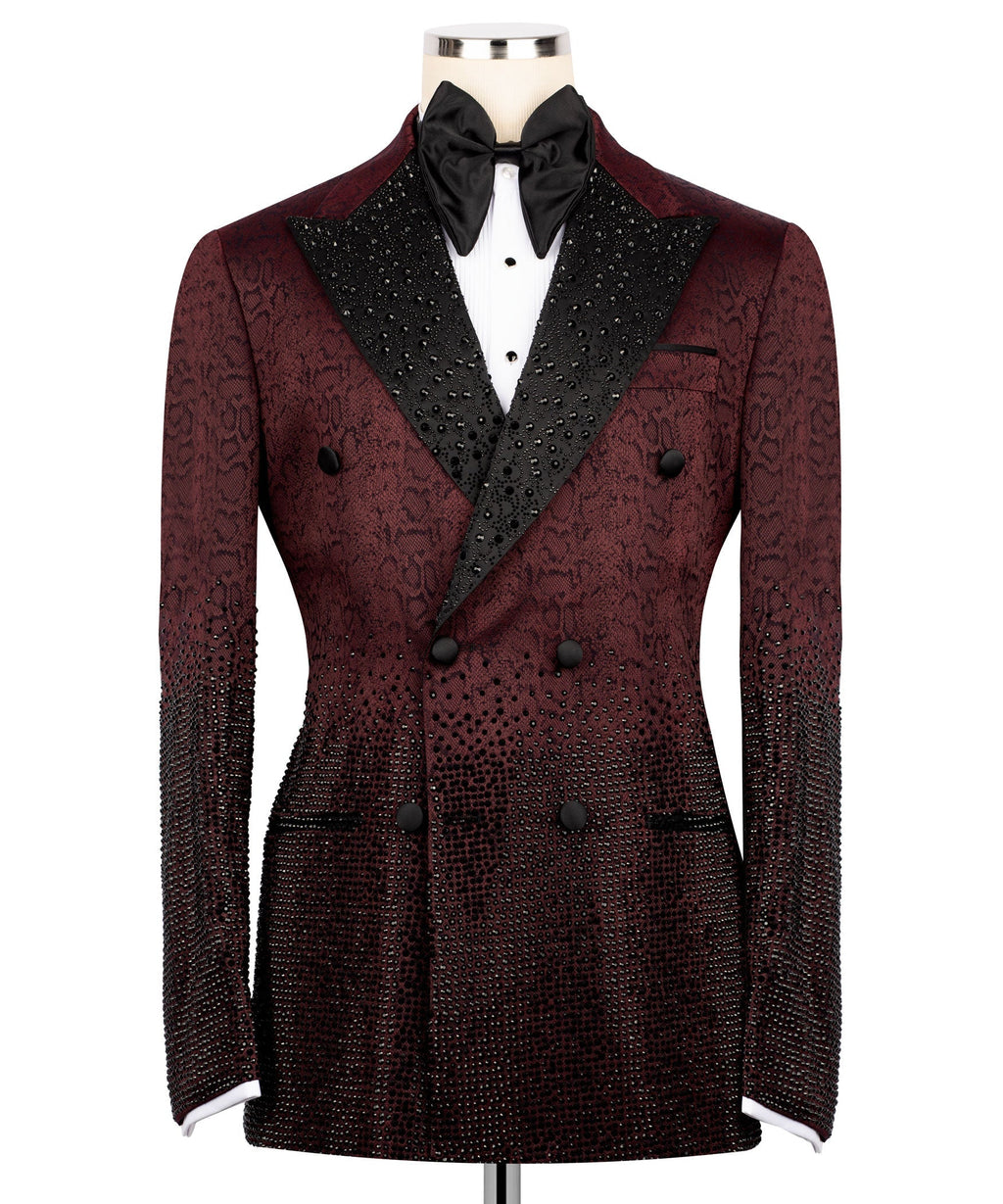 Burgundy tuxedo jacket with black beaded lapels, satin bow tie, double-breasted front