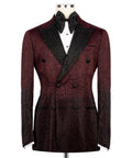 Burgundy tuxedo jacket with black beaded lapels, satin bow tie, double-breasted front