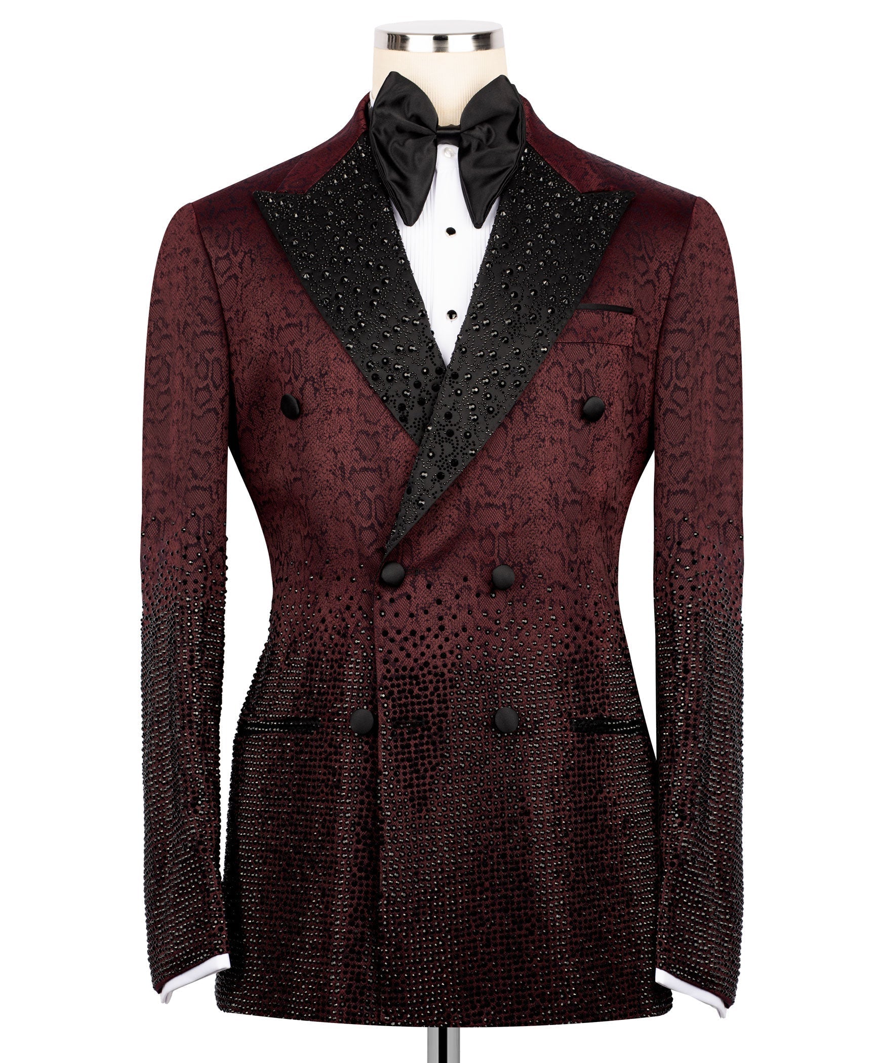 Burgundy tuxedo jacket with black beaded lapels, satin bow tie, double-breasted front