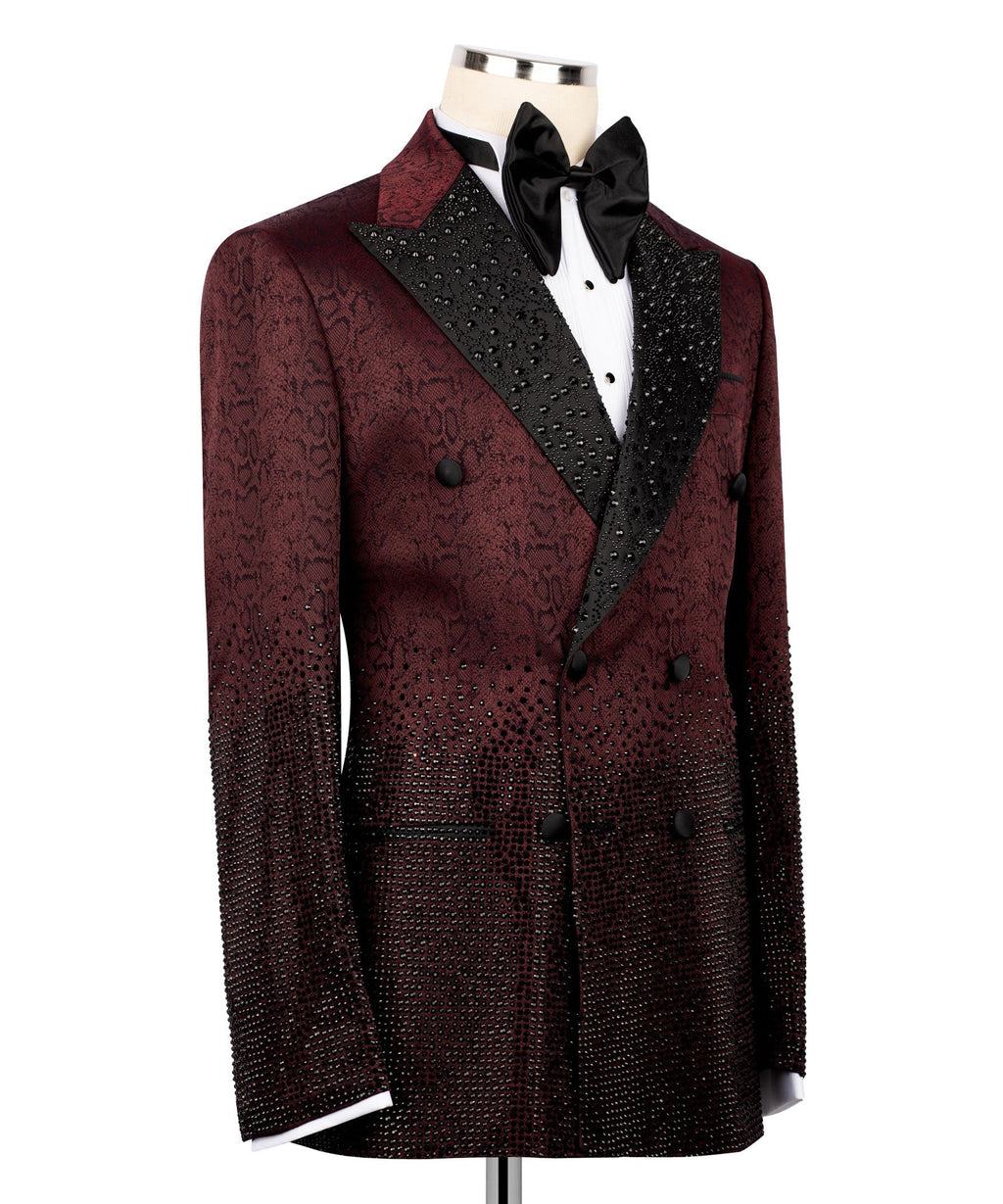 Burgundy tuxedo jacket with black beaded paneling, patterned lapels, dark button front