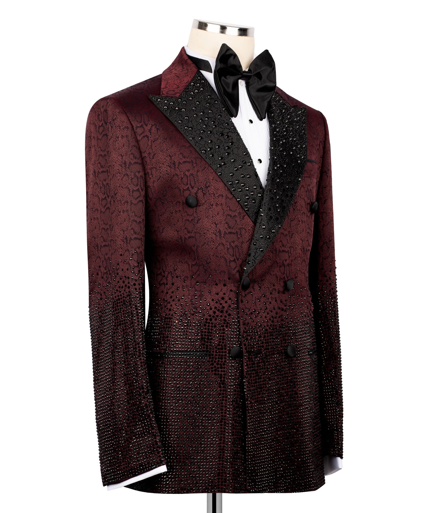 Burgundy tuxedo jacket with black beaded paneling, patterned lapels, dark button front