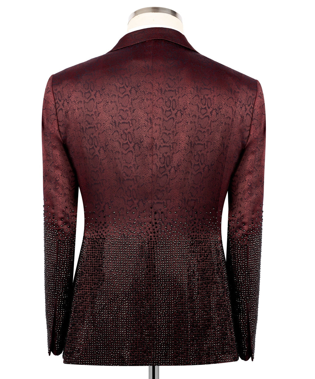 Burgundy tuxedo jacket back with snake-pattern texture and beaded side panels