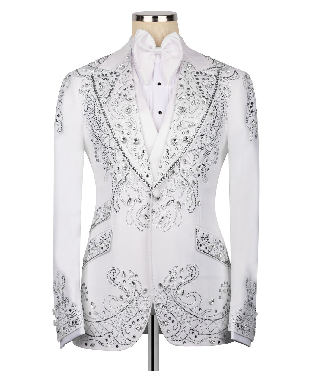 White tuxedo jacket with dense silver rhinestone swirl embroidery on lapels and chest