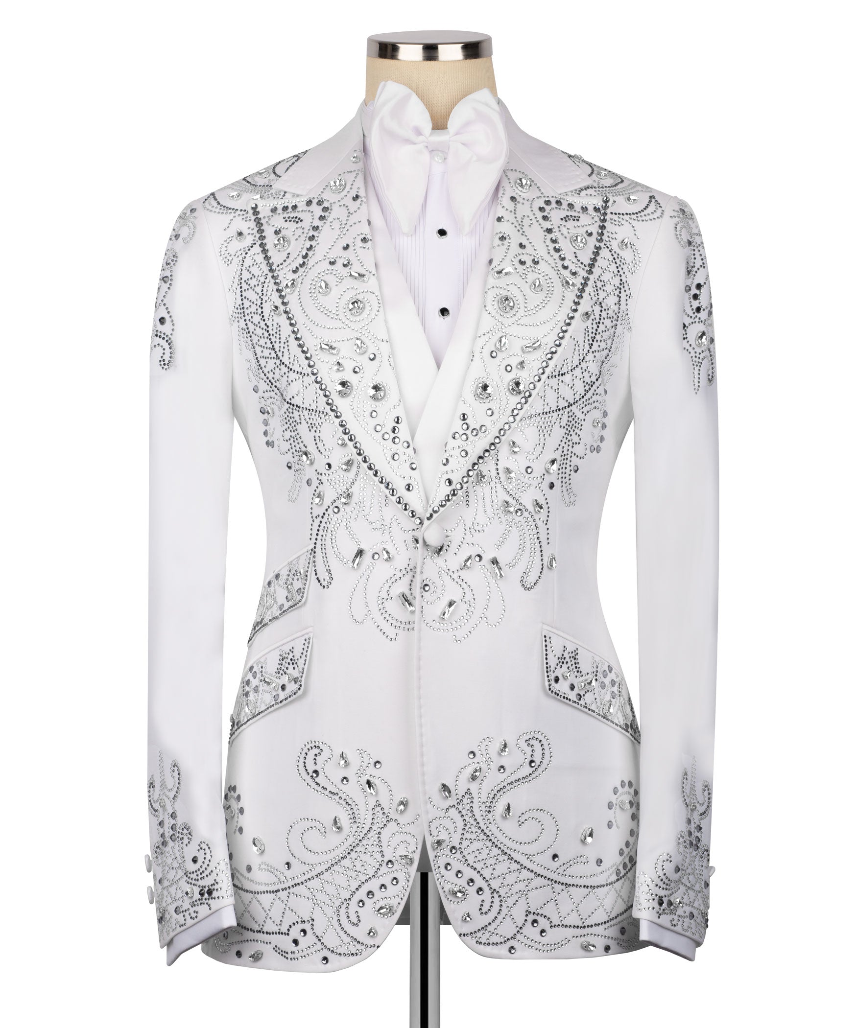White tuxedo jacket with dense silver rhinestone swirl embroidery on lapels and chest