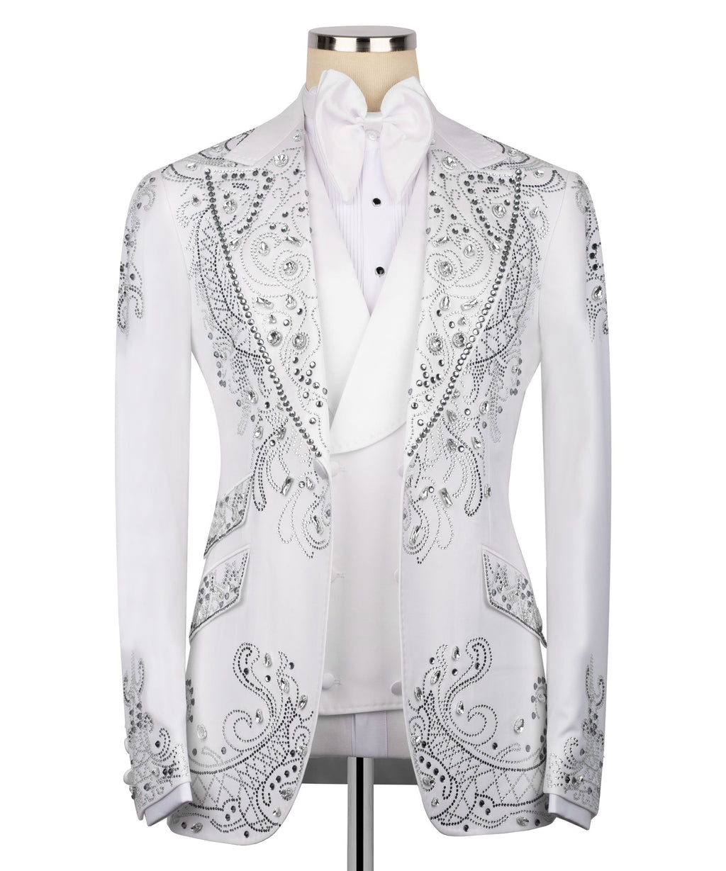 White tuxedo jacket with silver rhinestone embroidery and white bow tie