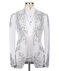 White tuxedo jacket with silver rhinestone embroidery and white bow tie