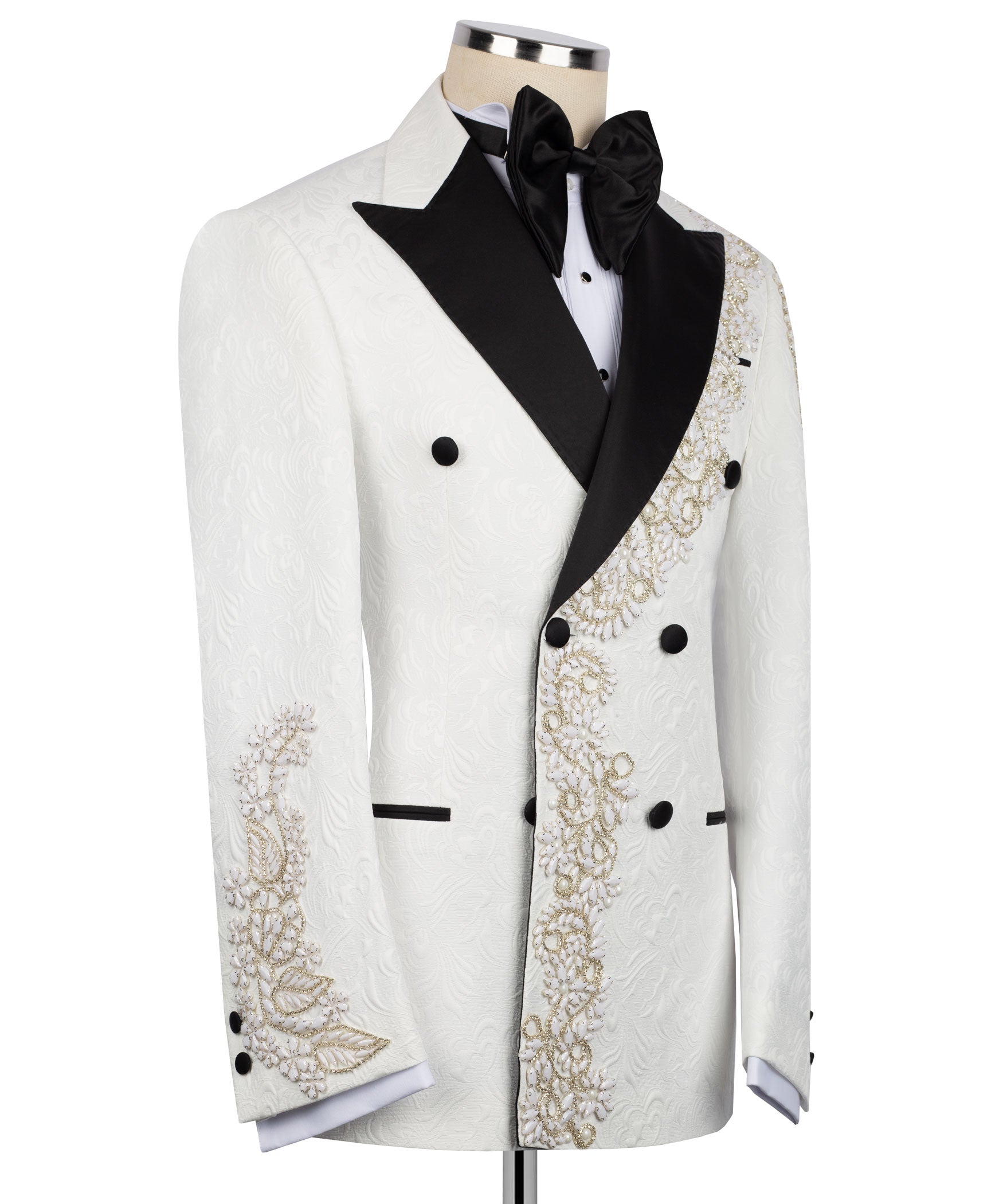 White double-breasted tuxedo jacket with black sash lapel and gold stone trim