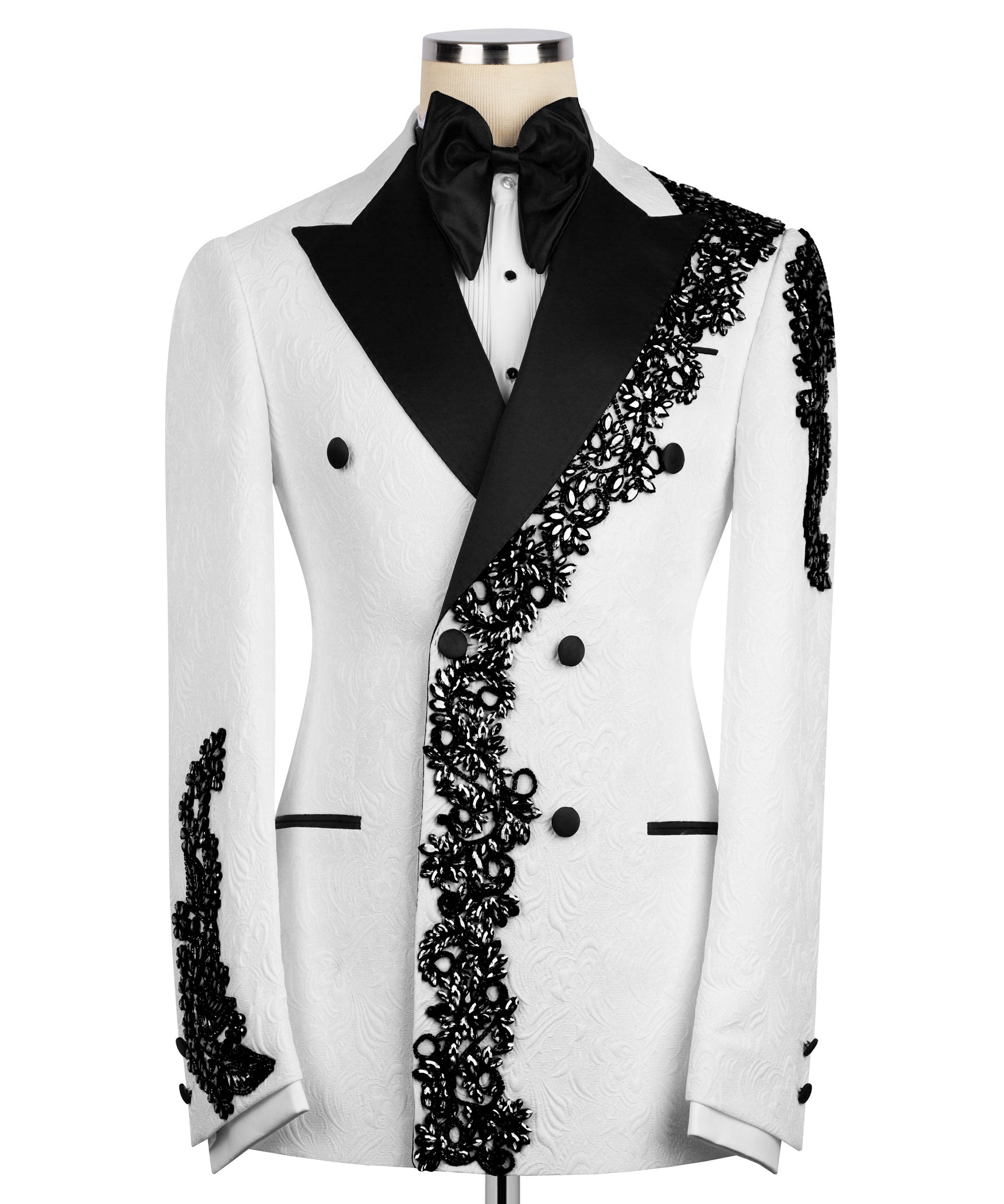 Two-piece tuxedo suit: white jacket with black diagonal panel, bow tie, lace trim