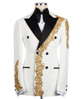 White tuxedo jacket, black satin lapels and bow tie, gold ornate stone trim