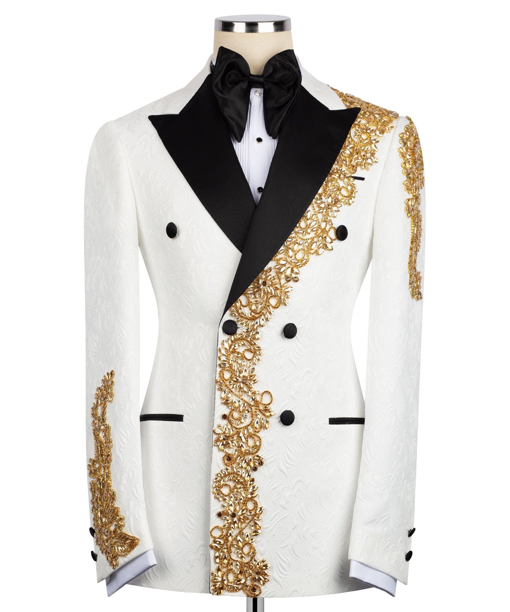 White tuxedo jacket, black satin lapels and bow tie, gold ornate stone trim