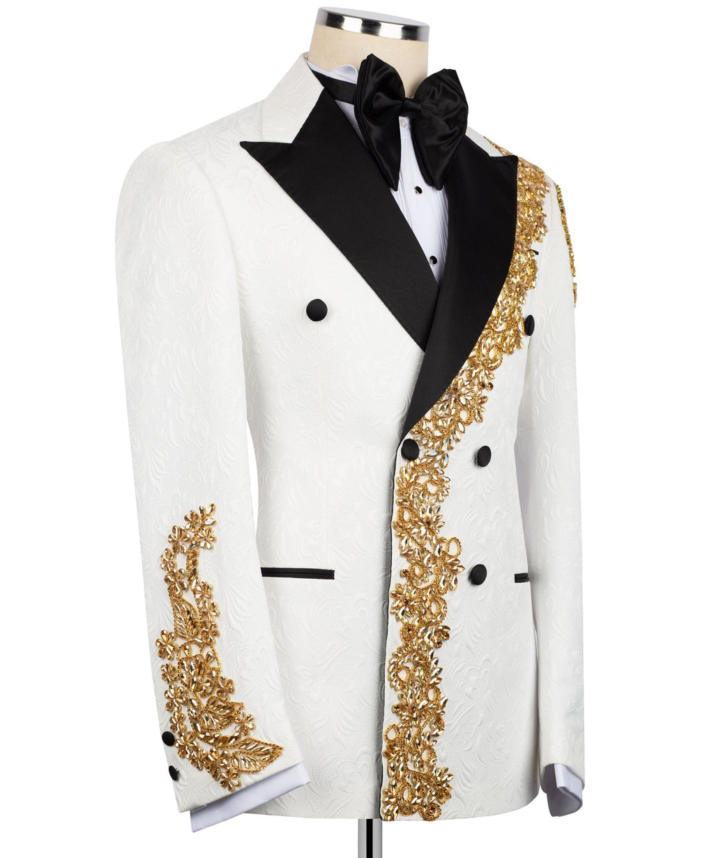 White tuxedo jacket side view with black lapel and gold embroidered stone trim