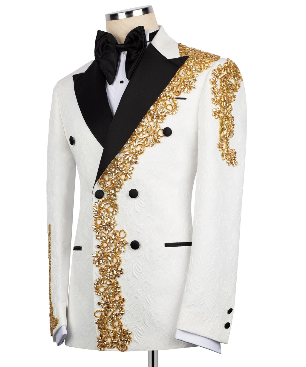 White tuxedo jacket front view, gold stone-embroidered panel over black satin lapel