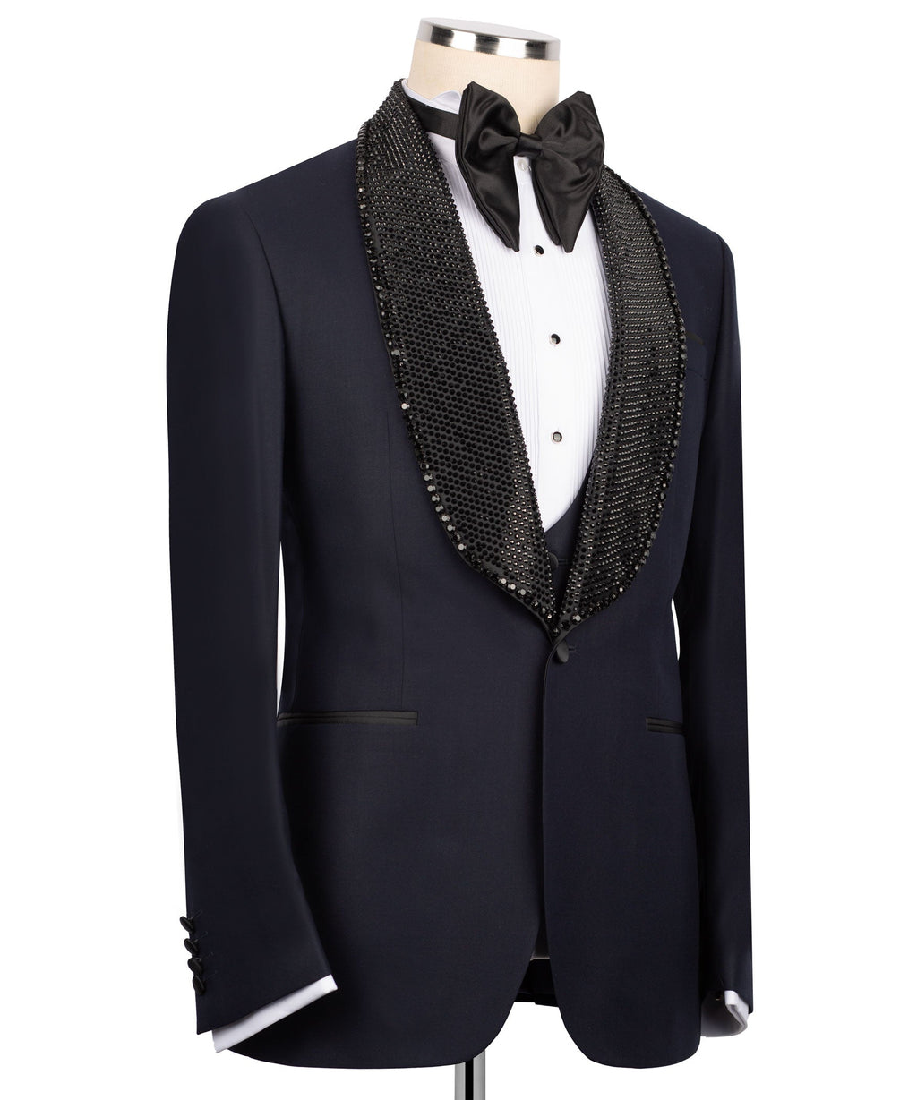 Tailored tuxedo jacket with jeweled embroidered lapel and black satin bow tie