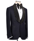 Tailored tuxedo jacket with jeweled embroidered lapel and black satin bow tie