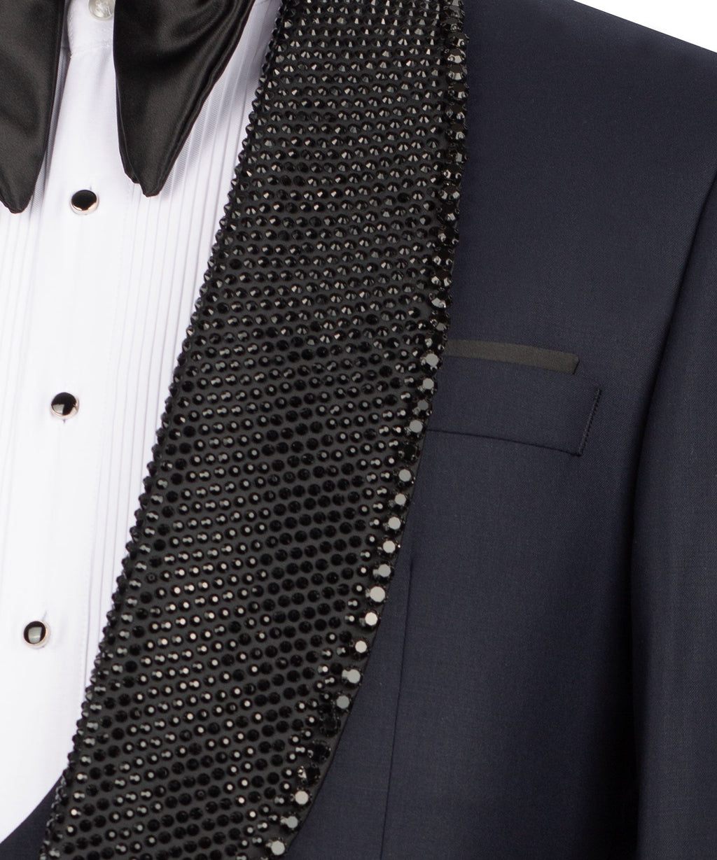 Close-up: black beaded embroidered collar trim on tuxedo vest and shirt