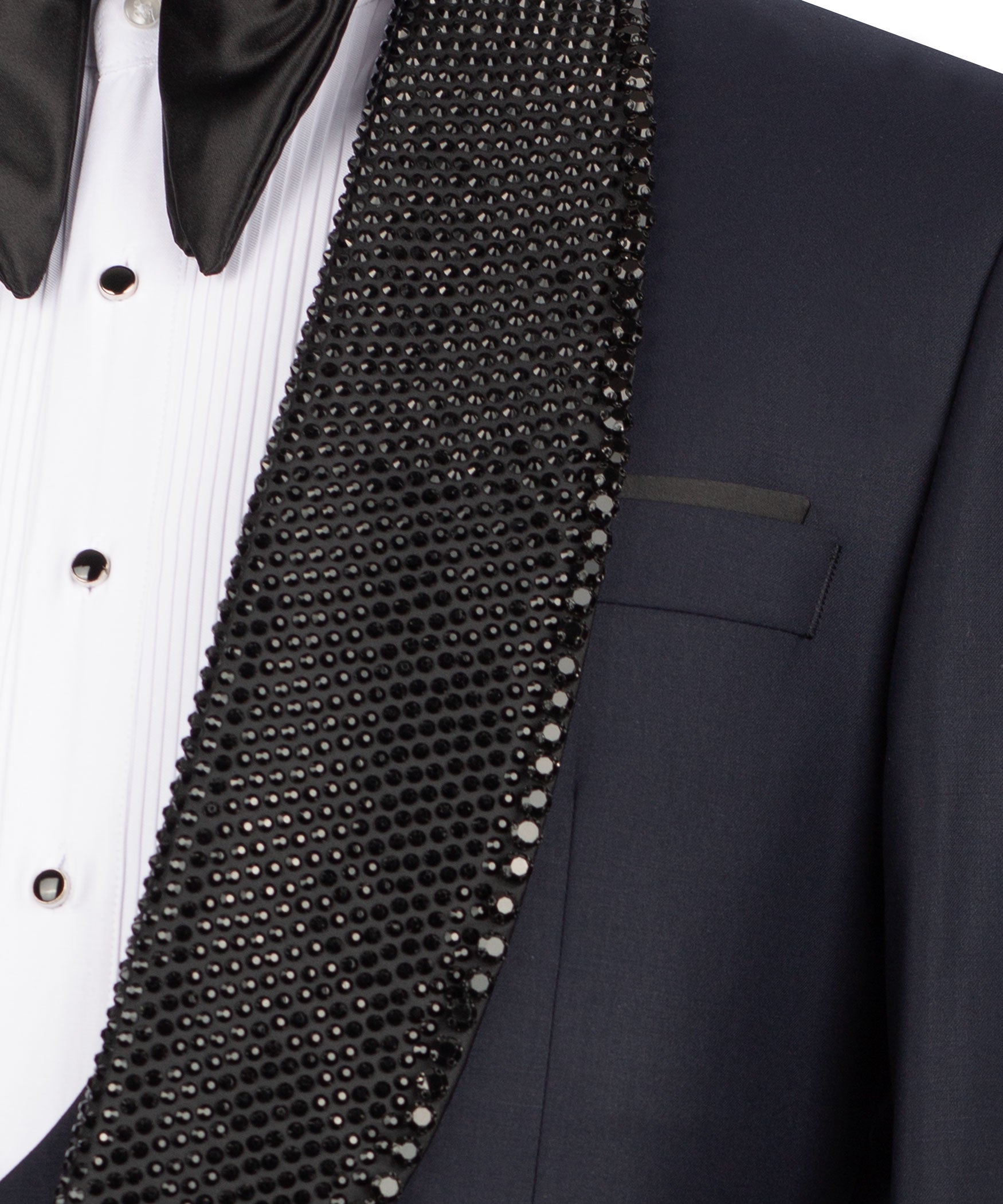 Close-up: black beaded embroidered collar trim on tuxedo vest and shirt