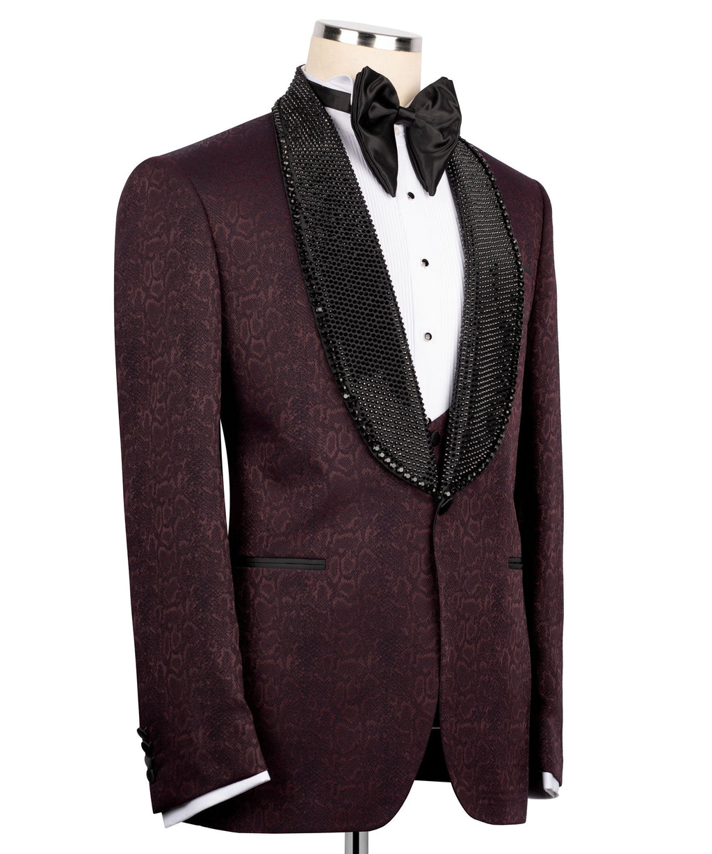 Maroon 3-piece tuxedo set: black bow, white shirt, maroon vest with black accents