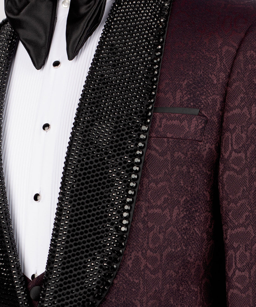 Maroon tuxedo vest and jacket close-up with black beaded lapel trim and pocket