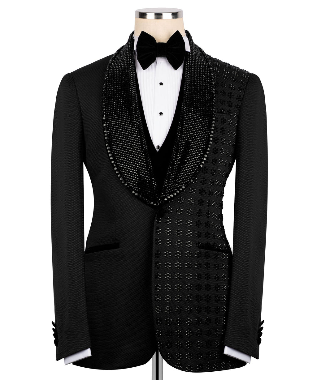 Black 3-piece tuxedo set: embroidered vest, jacket and bow tie
