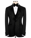 Black 3-piece tuxedo set: embroidered vest, jacket and bow tie