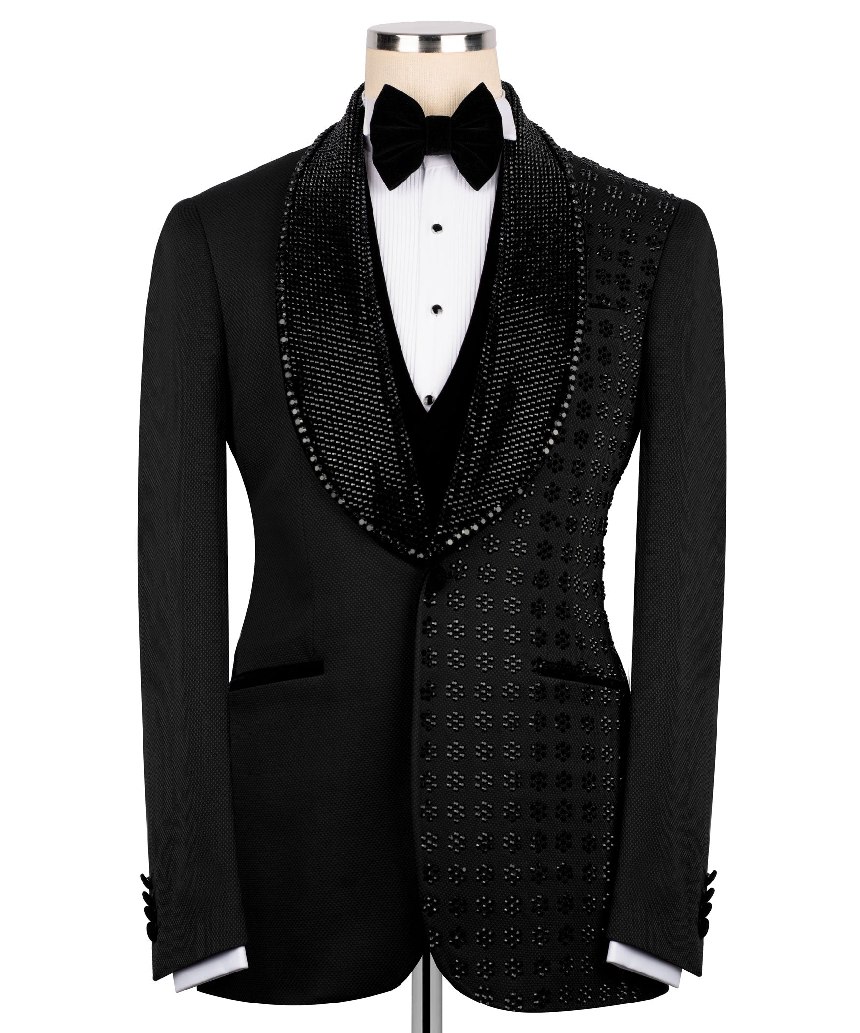 Black 3-piece tuxedo set: embroidered vest, jacket and bow tie