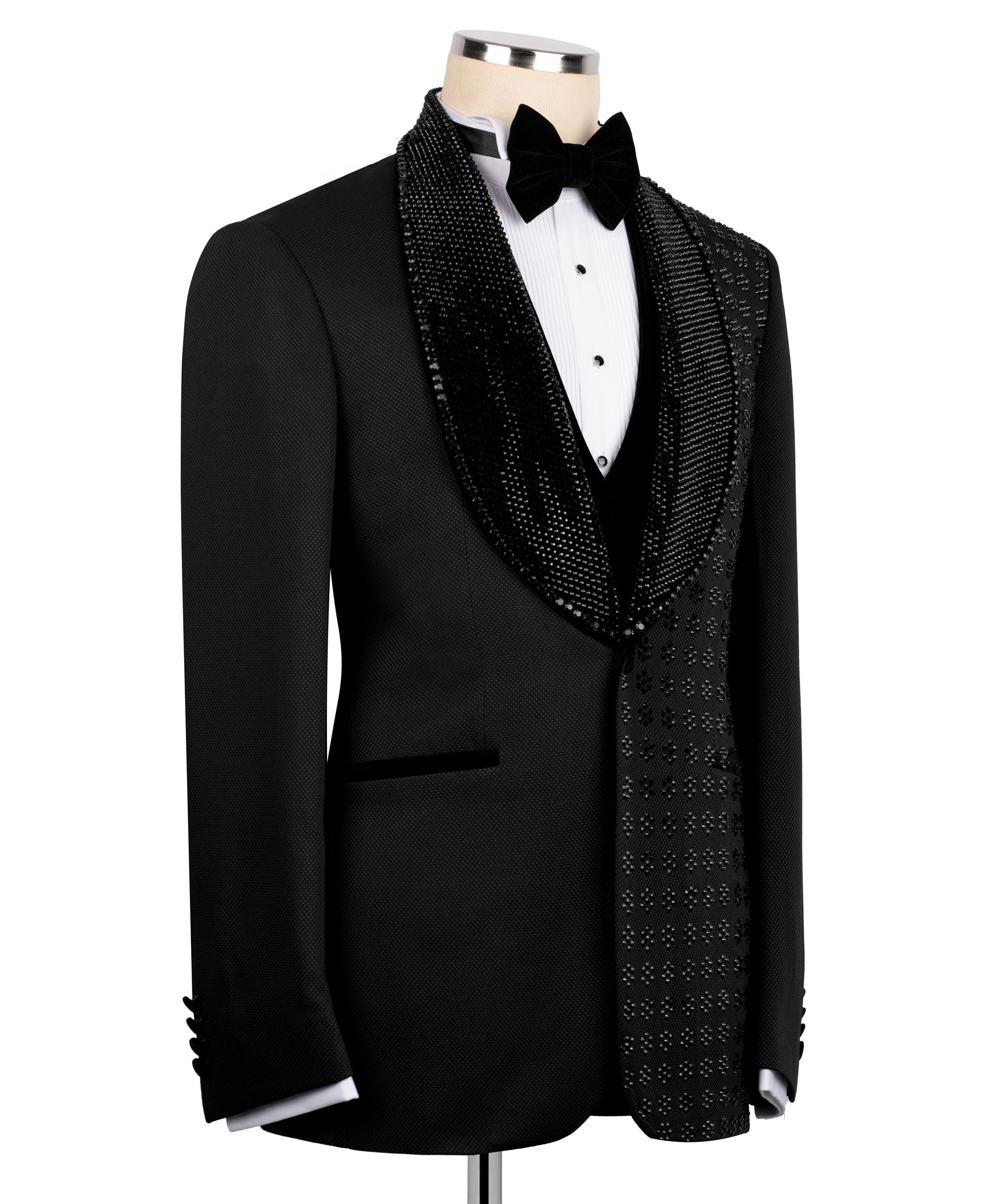 Black tuxedo jacket with embroidered vest and bow tie, side view