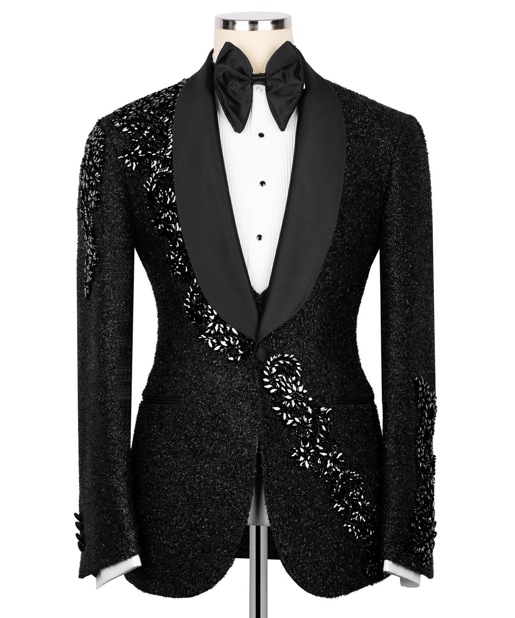 Front view black tuxedo jacket and waistcoat set with embroidered floral accents