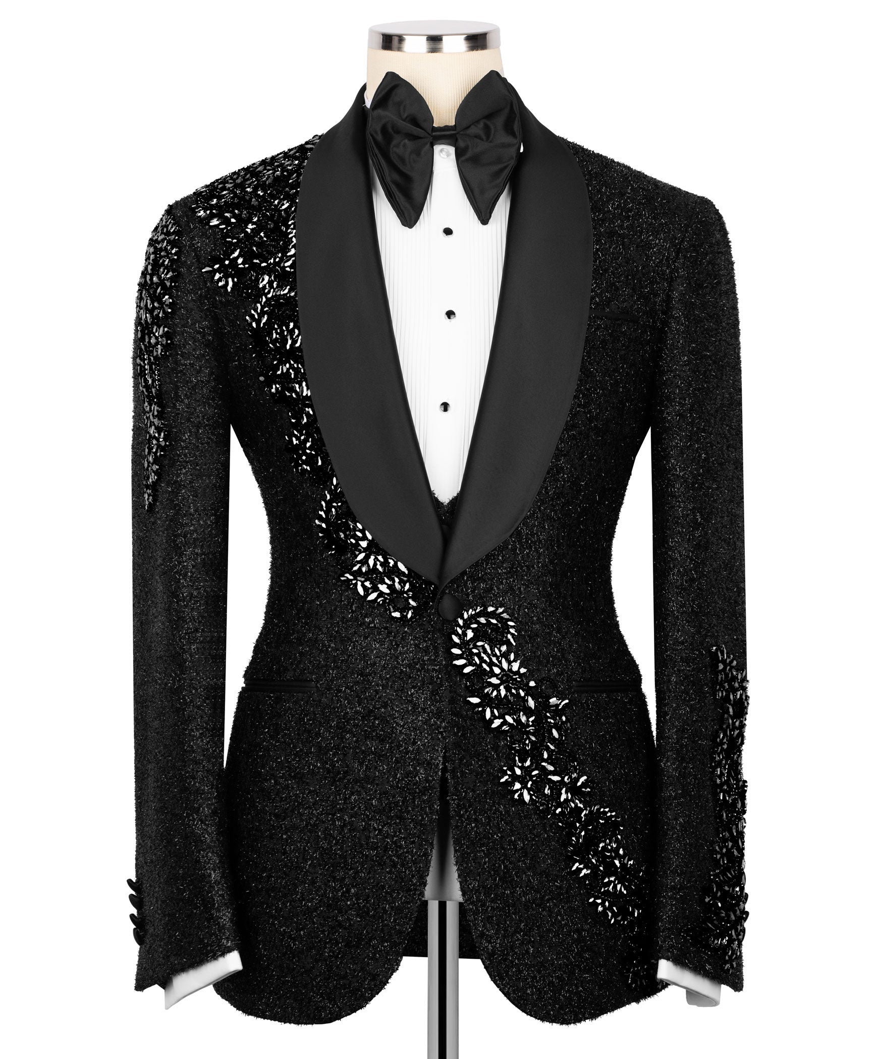 Front view black tuxedo jacket and waistcoat set with embroidered floral accents