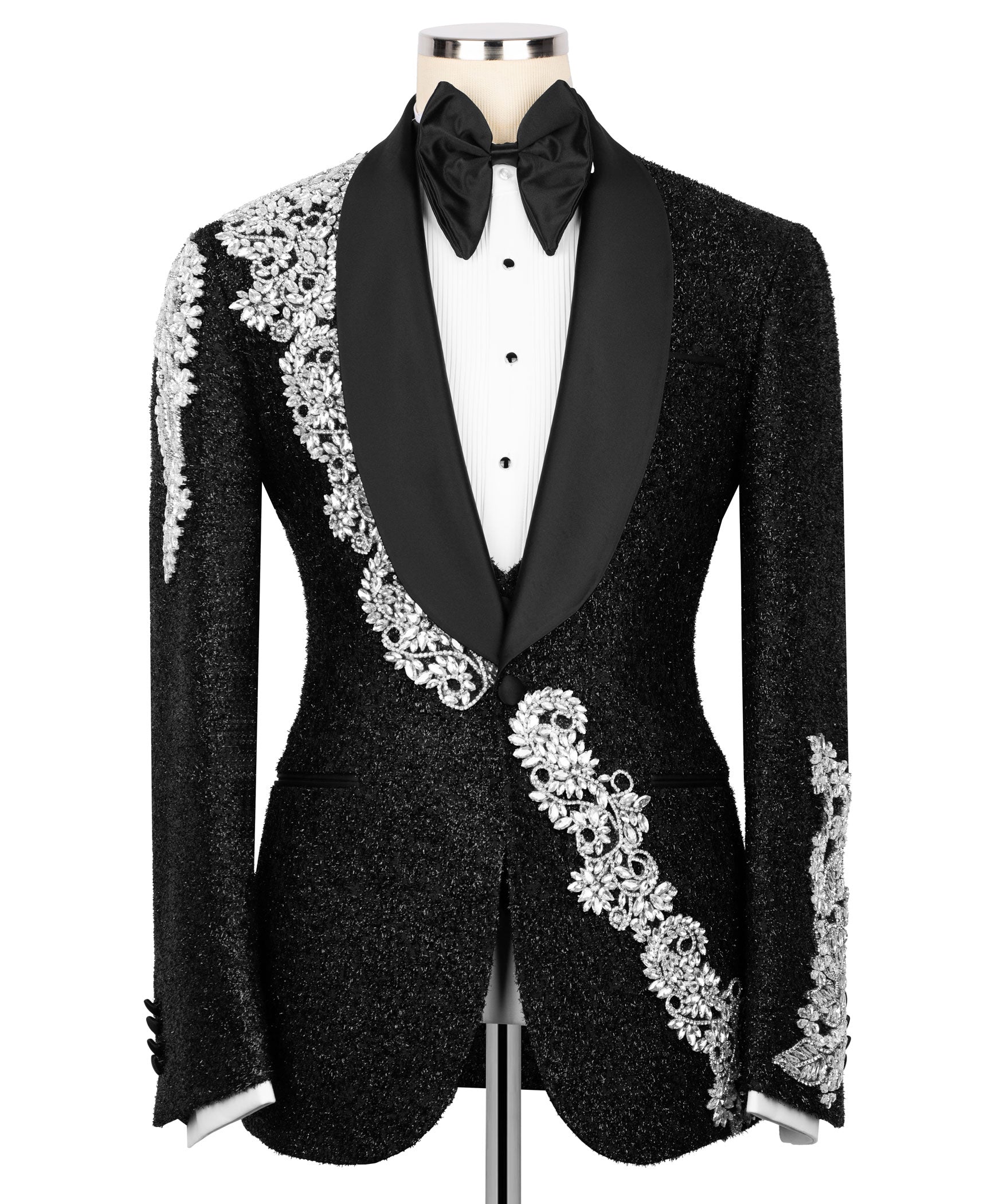 Black tuxedo jacket front with ornate silver stone embroidery along lapel and breast
