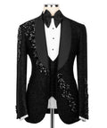 Black tuxedo jacket with bow tie, satin lapels, and stone-embroidered details