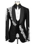 Black tuxedo jacket and vest set with silver stone-embroidered lapel and trim, bow tie