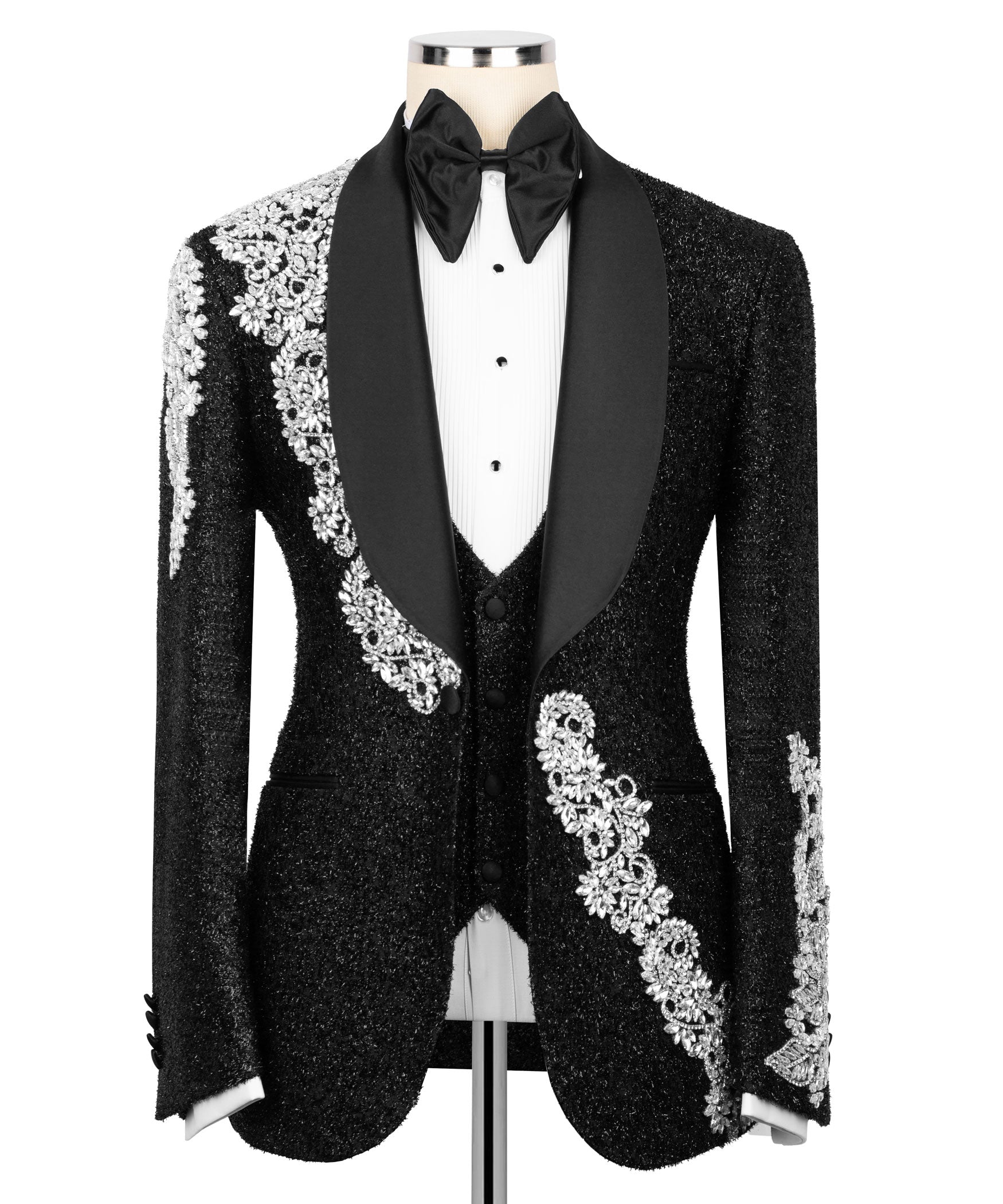 Black tuxedo jacket and vest set with silver stone-embroidered lapel and trim, bow tie