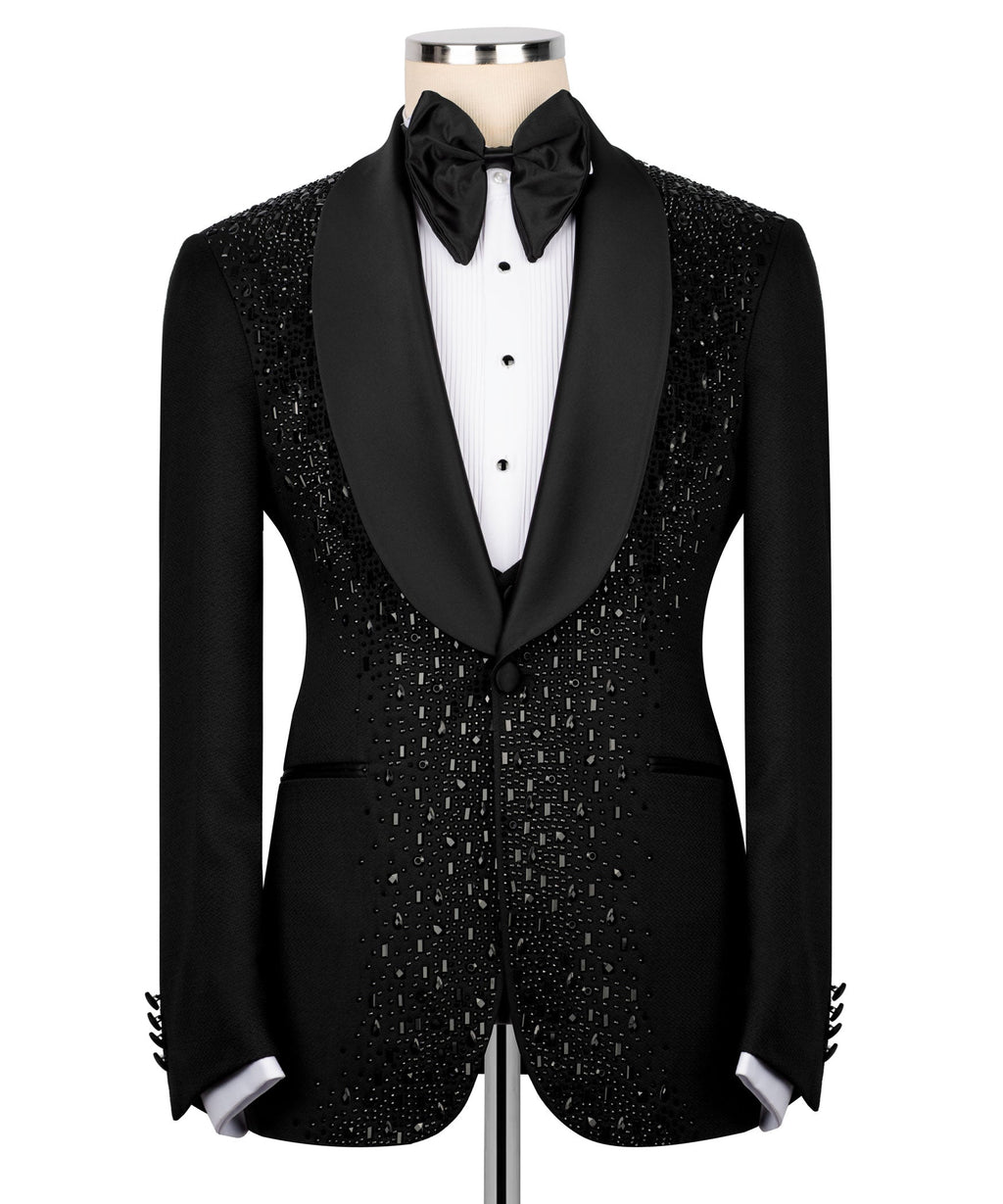Black tuxedo jacket and waistcoat with bow tie; embroidered textured pattern