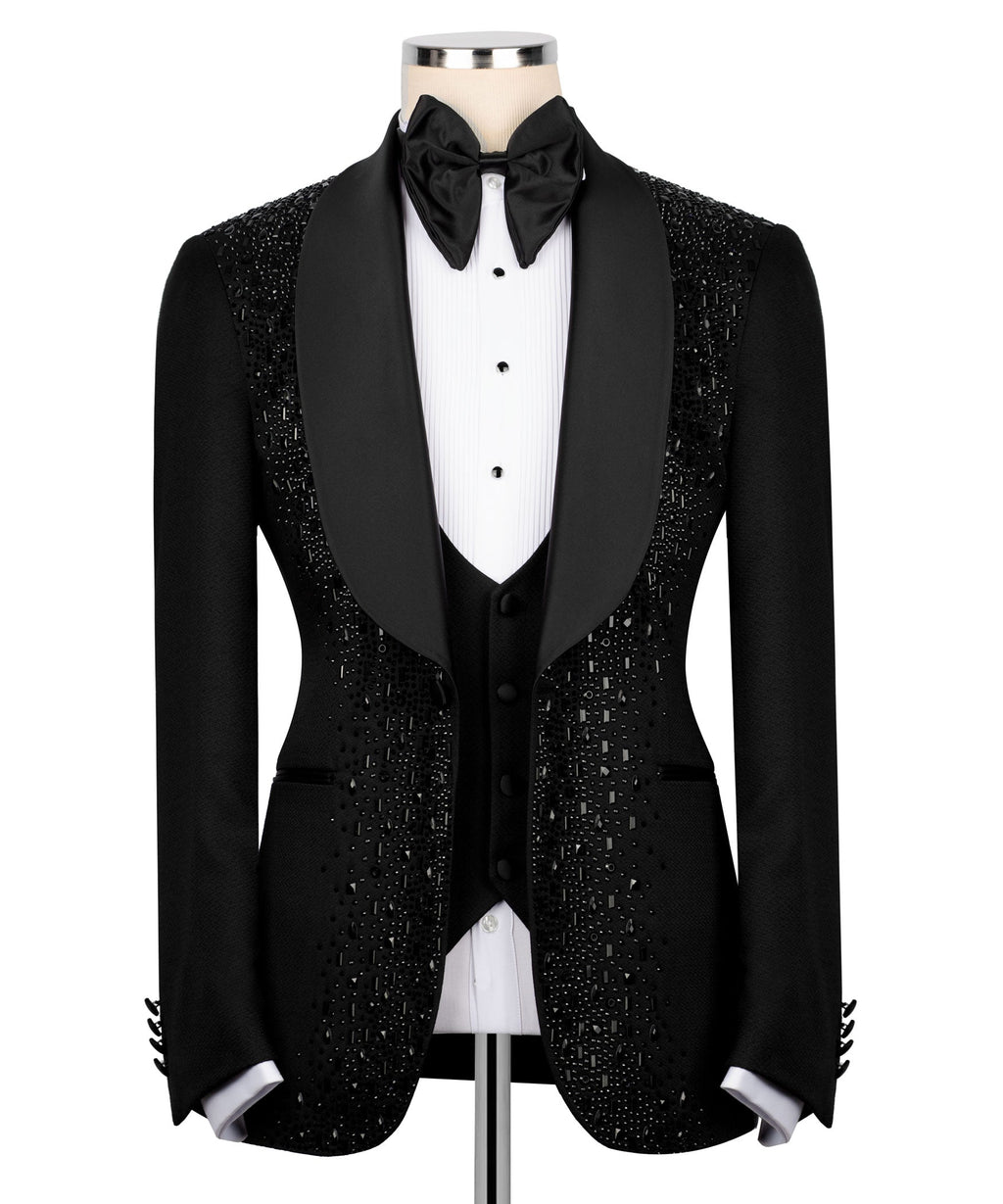 Black tuxedo jacket, satin shawl lapels, bow tie; embroidered speckle detail