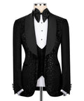 Black tuxedo jacket, satin shawl lapels, bow tie; embroidered speckle detail