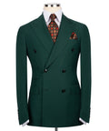 Dark green double-breasted blazer with notched lapels and black buttons